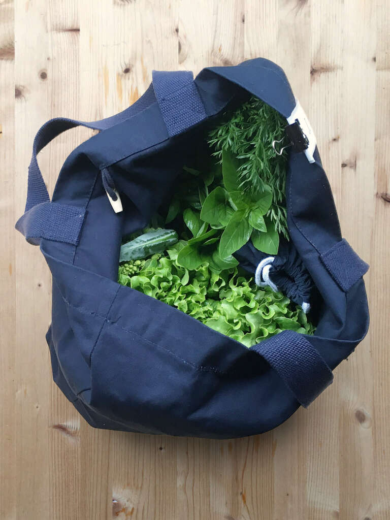 Blaue Stofftasche mit frischem, saisonalem Gemüse aus unserer Gärtnerei.